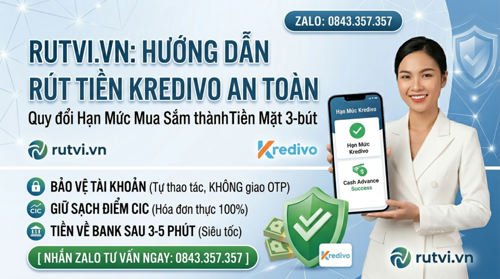 hướng dẫn rút tiền Kredivo để tối ưu dòng tiền mặt nhanh chóng. Quy trình an toàn, bảo mật và giữ sạch điểm tín dụng tại Rutvi.vn