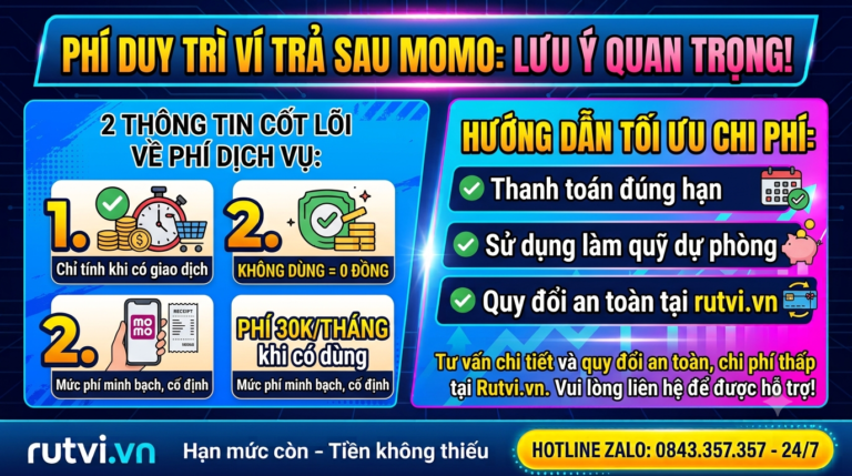 Giải đáp chi tiết về phí duy trì ví trả sau MoMo. Không sử dụng ví có bị tính phí dịch vụ không và mẹo tối ưu chi phí dòng tiền an toàn tại Rutvi.vn.
